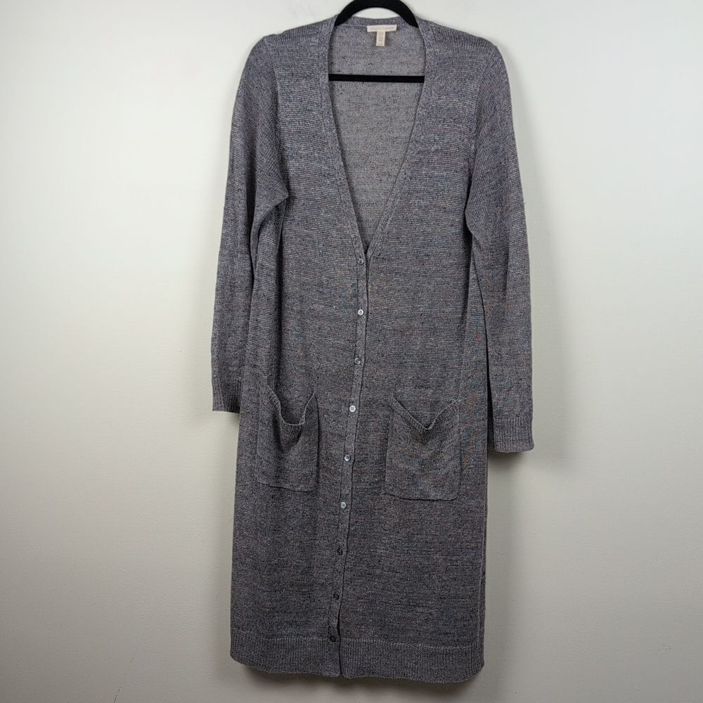Eileen Fisher Organic Linen Gray Melange  Duster Cardigan Button Up Knit Sweater